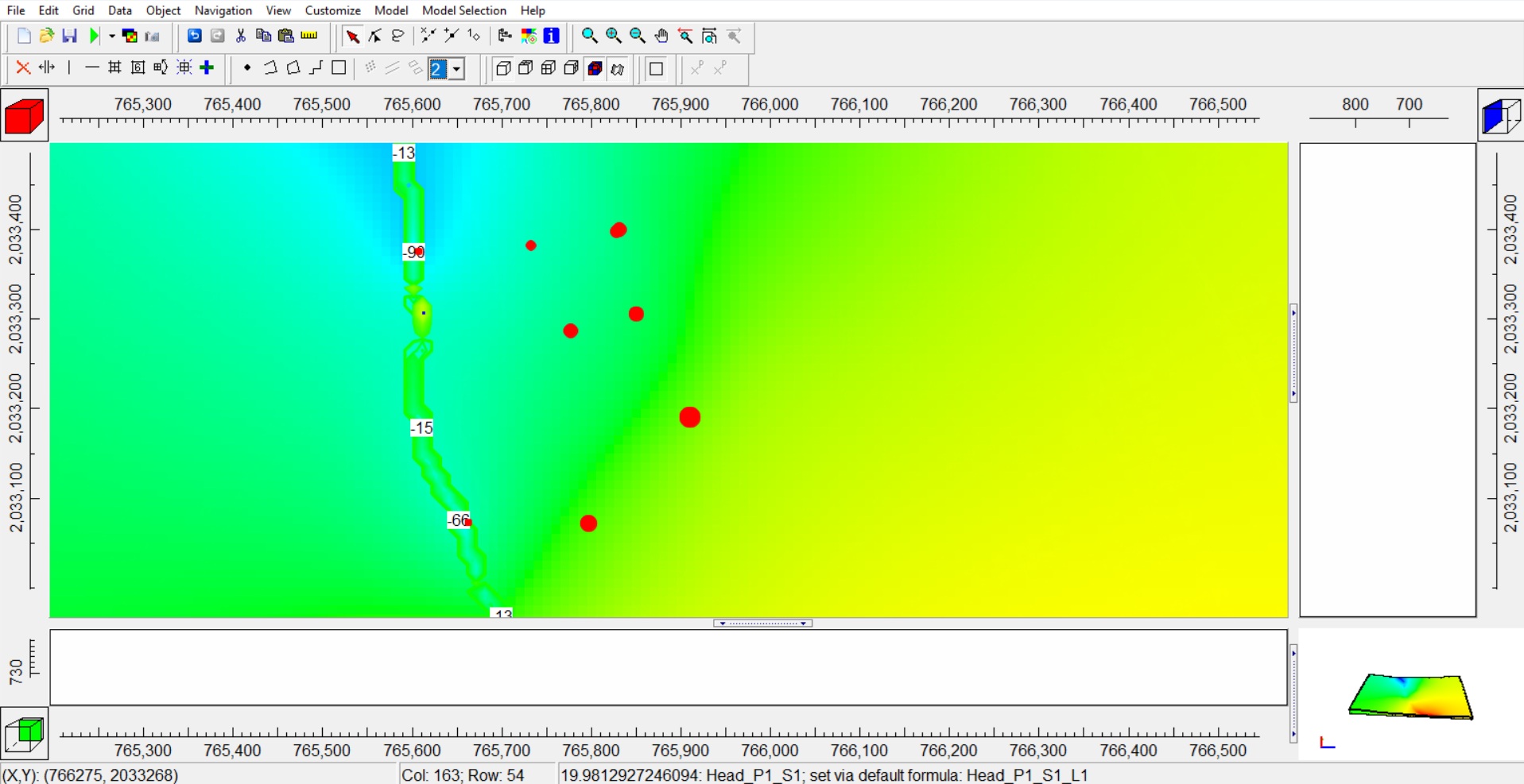 Exemplo de modelagem de fluxo de água subterrânea e transporte de contaminantes em MODFLOW