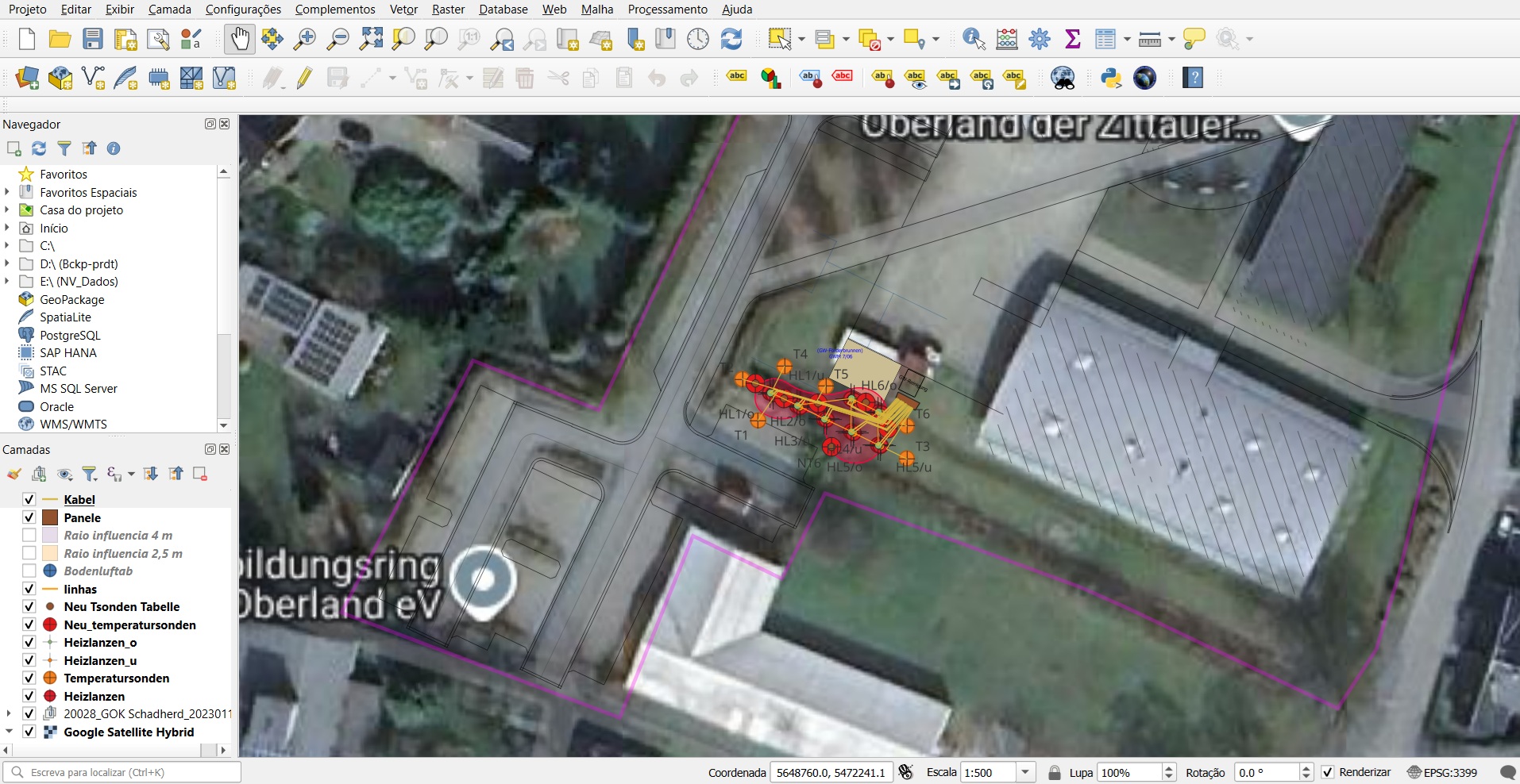 Exemplo de layout em QGIS para utilidades e posicionamento de equipamentos